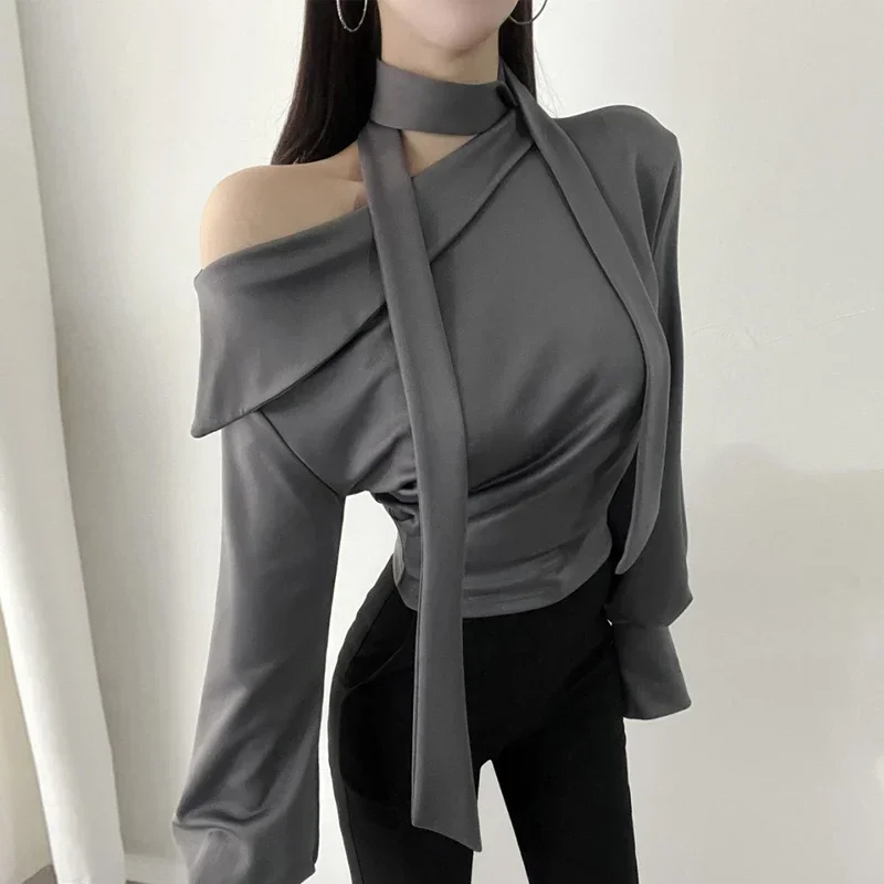 Skew Collar Halter Woman Shirts & Blouses Off Shoulder Long Sleeve Blusas Mujer 2024 Ropa Autumn New Camisas Ruched Blusa