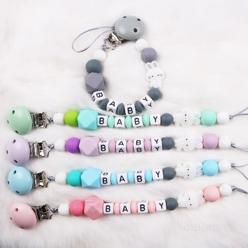 Personalized Name Pacifier Clip Small Rabbit Gum Teether Silicone Bead Animal Shape Customized Baby Name Pacifier Chain Gift Toy