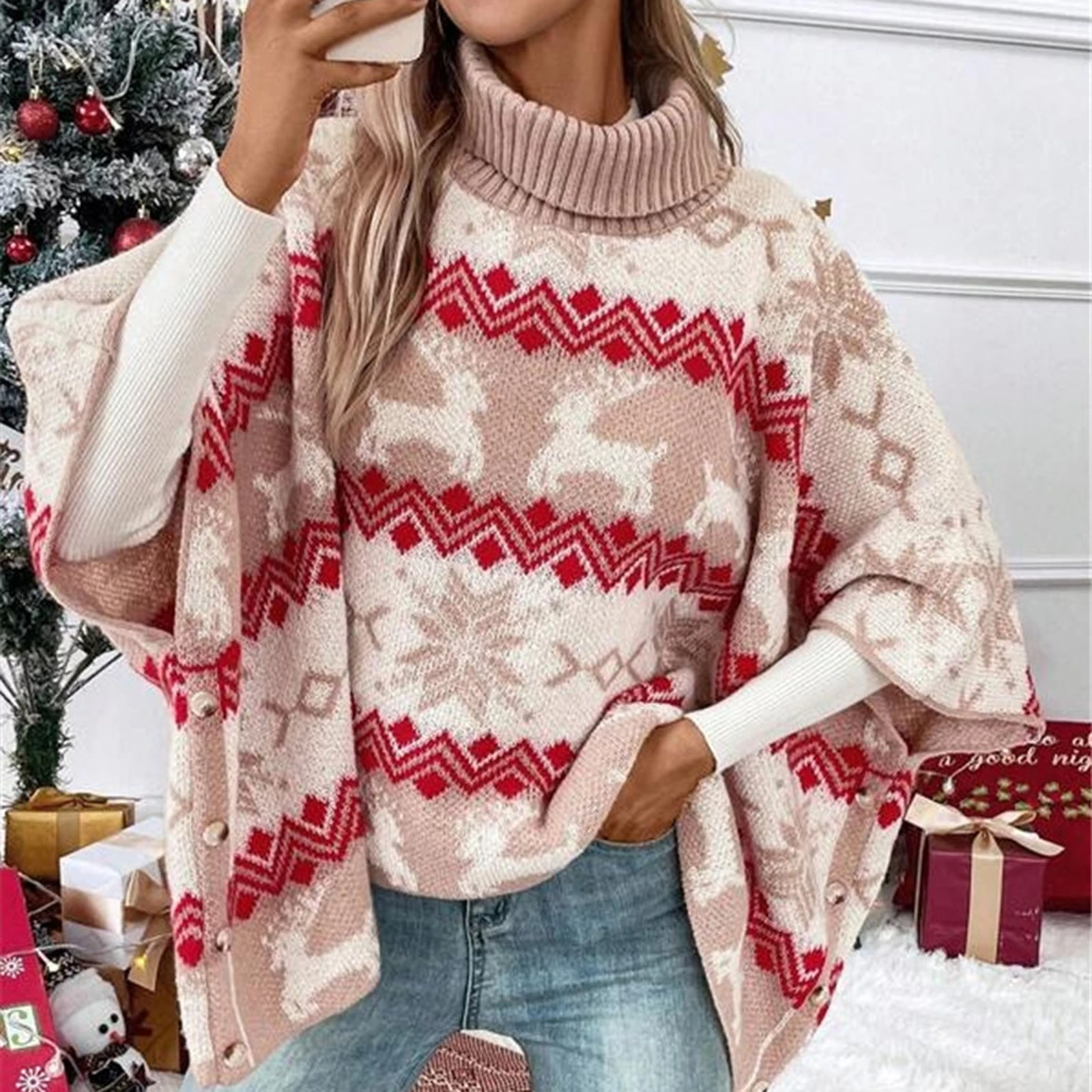 Damesmode Kersttruien Klassieke Elanden Sneeuwvlok Print Batwing Mouw Coltrui Herfst Winter Gebreide Tops