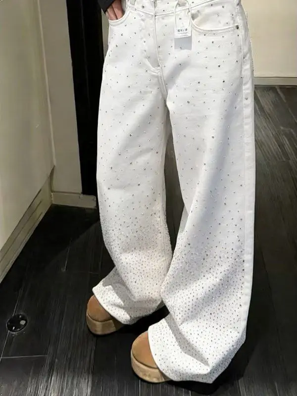 White High Waist Wide Leg Jeans Women's Fashion Spring New Slimming Tall Sequin Loose Versatile Straight Long Pants