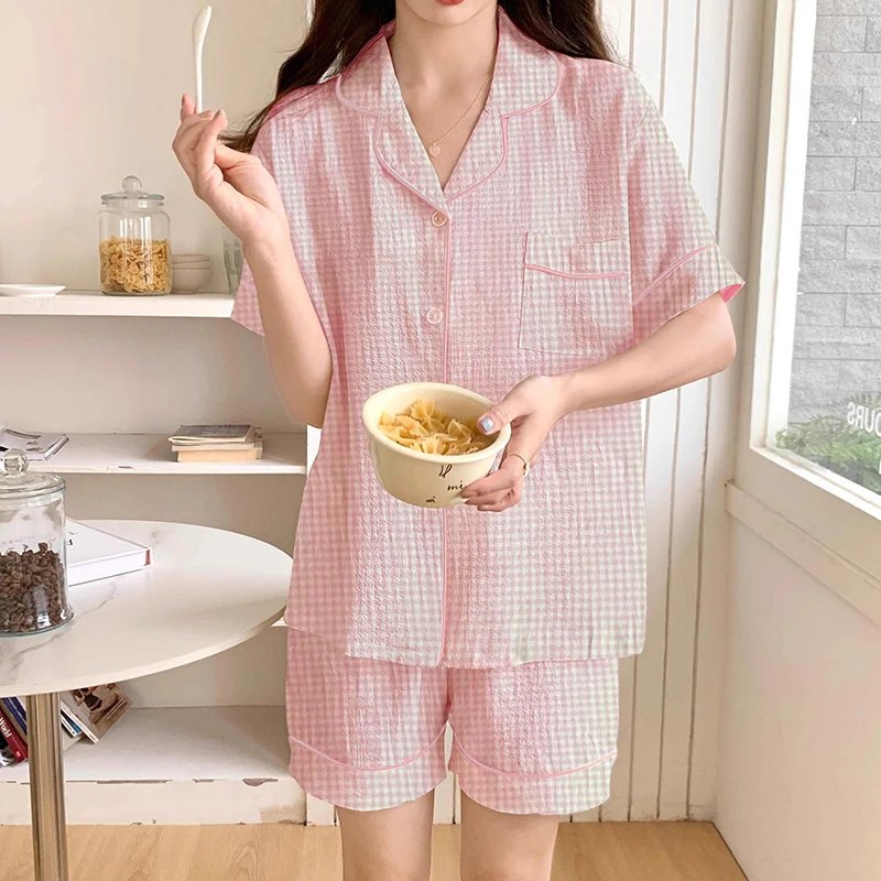 Sweet Kawaii Cute Y2k Plaid Cloud Cotton Women\'s Pajamas Japan & Korean Harajuku Simple Sleepwear 2024 New Summer Lazy Nightwear