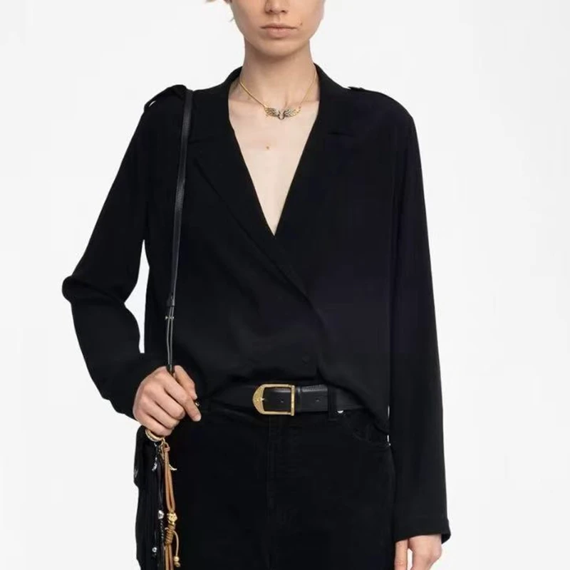

Women's shirt autumn new product high-end comfortable texture silky black suit collar long sleeved top