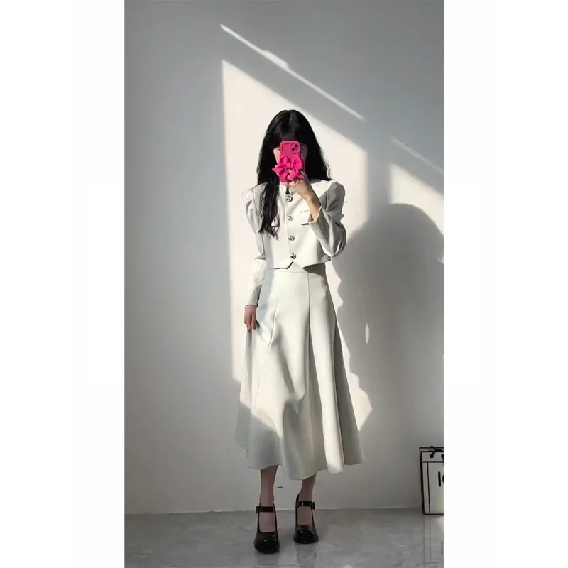 Insozkdg Skirt Suit Solid Hepburn Style Loose Casual Chic Blazers  Tops A-line Pleated Long Skirts Korean Style Two Piece Sets