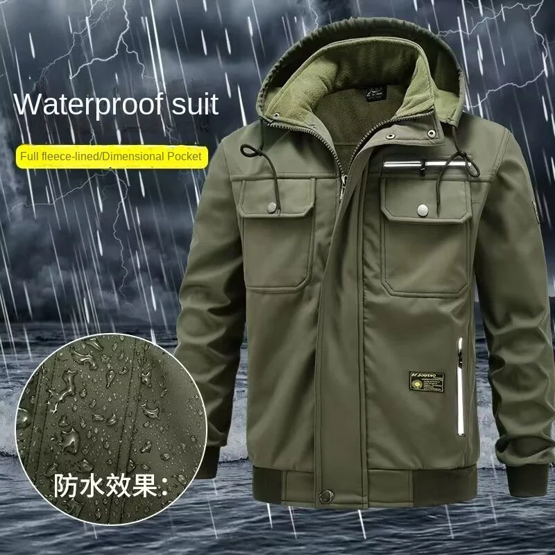 Winter Men's Workwear Hooded Jacket Suit Thick Plush Men's Outdoor Windproof Coat Multiple Pockets Waterproof Windbreaker