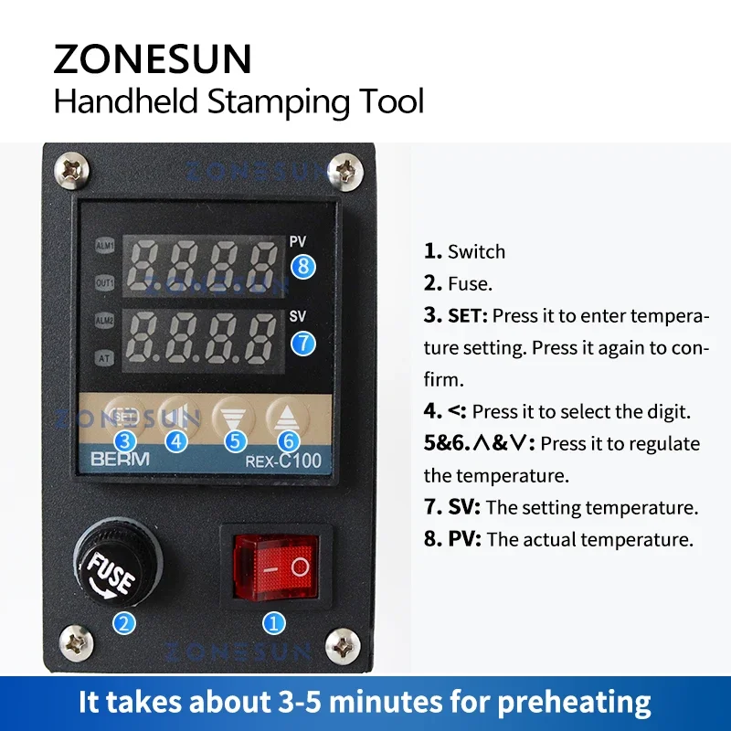 ZONESUN Handheld Hot Stamping Machine Heat Press Digital Leather Tool Paper Wood Custom Logo Foil Stamp ZS-HST1