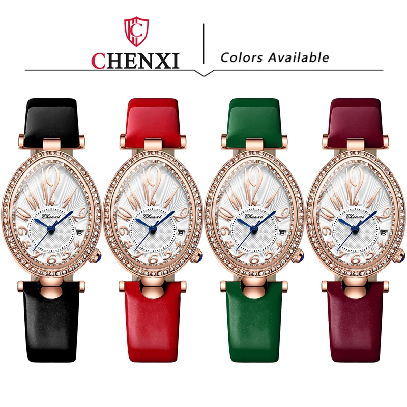 Fashion Chenxi Top Brand New 2022 Women\'s Watch Luxury Rose Gold Ladies Gift Rhinestone Leather Quartz For Women Oval Clock