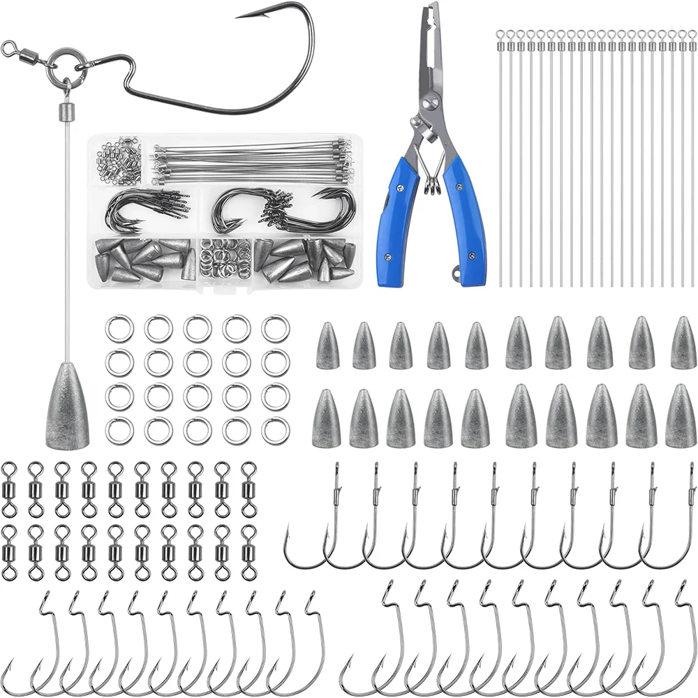 

110Pcs Punch Shot Rig Kit Flipping Fishing Hooks Swivels Split Rings Steel Wire Bullet Sinkers Drop Shot Rig Lure Making Tools
