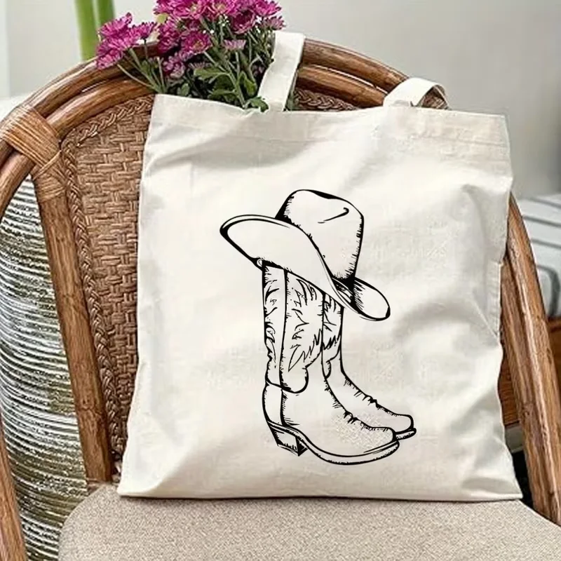 Western Line Art Cowboy Hat Boots Canvas Tote Bag Handbag For Daily Commute Shopping And Short Travel Use