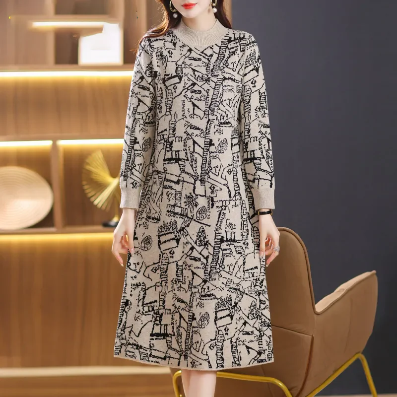 

Fashion Casual Wear Knitted Dress Women's Autumn Winter New Loose Medium Long Printed All-Match Pullover Base Sweater Dresses