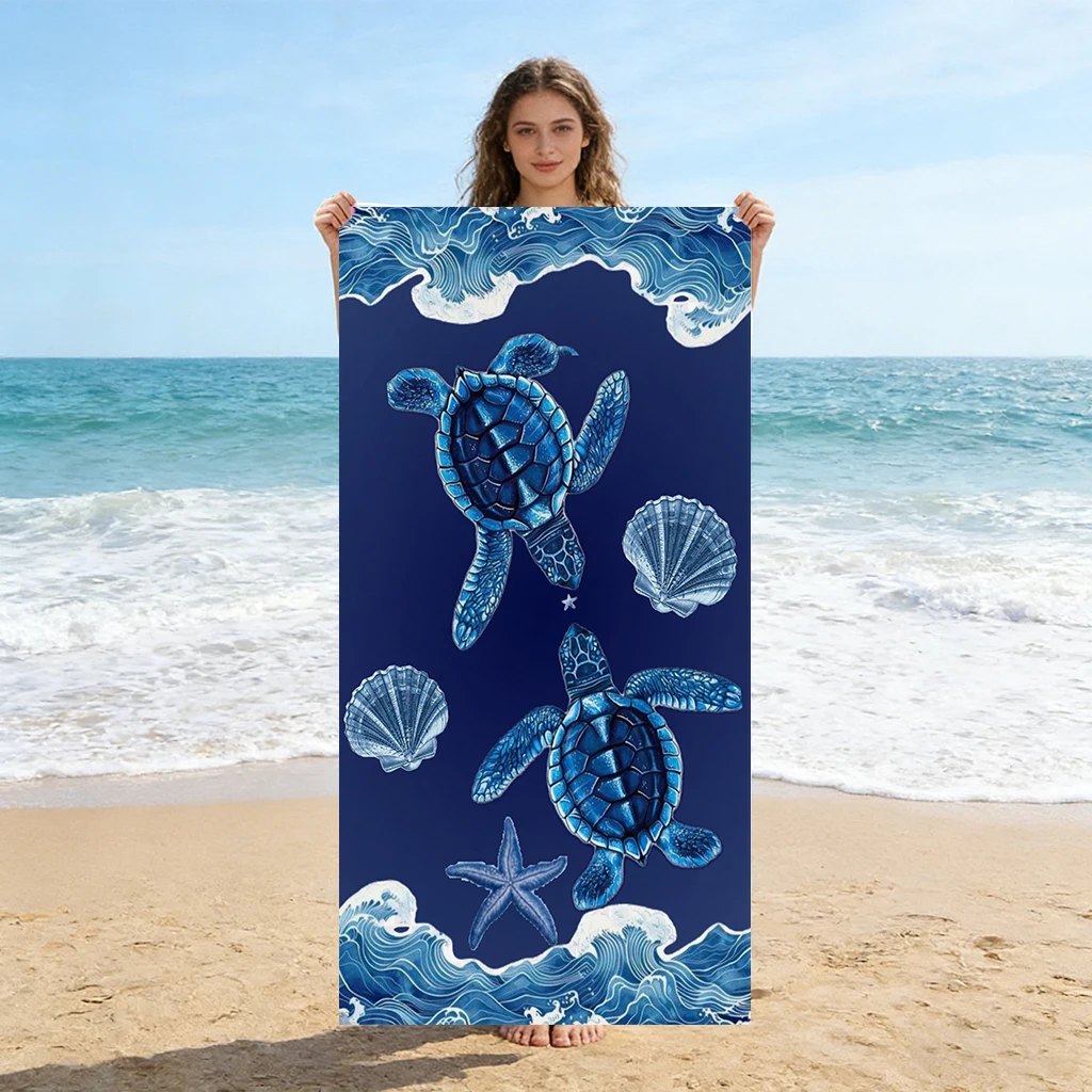 Strandtuch mit Wellen und Meeresschildkröten, schnell trocknend, super saugfähig, geeignet zum Schwimmen, Strand, Pool, Fitnessstudio, Sommergeschenk für Freunde