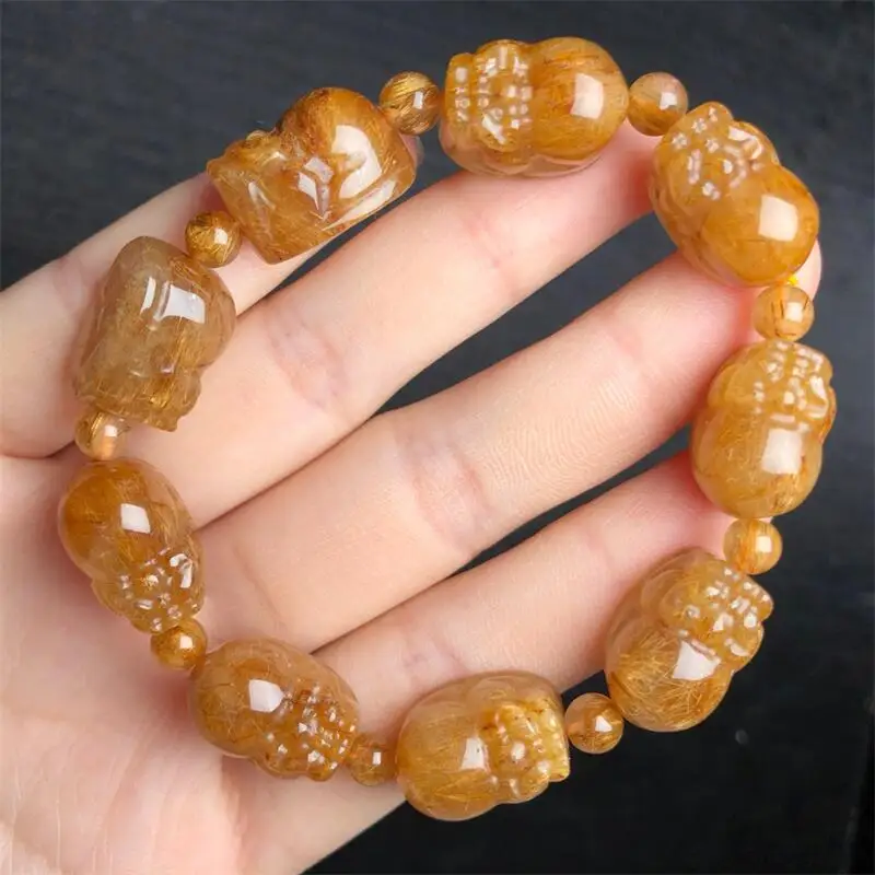 Natural Golden Rutilated Quartz Pixiu Carving Bracelet Women Beautiful Colorful Crystal Energy Healing Fashion Jewelry 1PCS