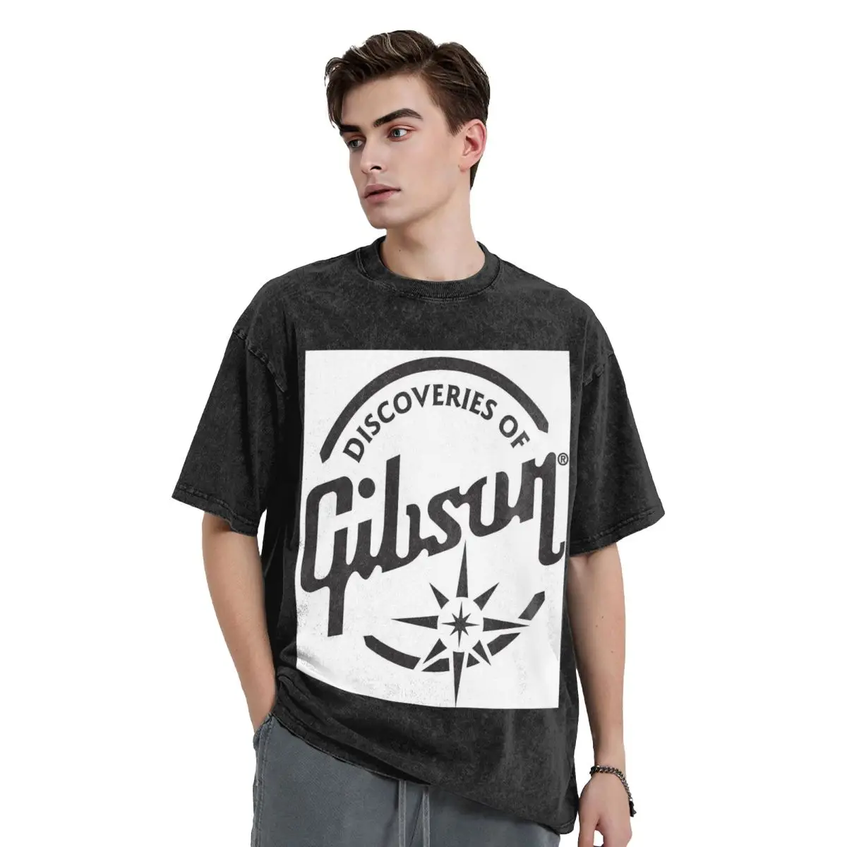 

Guitar Gibson Logo Washed T Shirts Vintage Short Sleeve Hip Hop T-Shirt Streetwear Tops Tees for Men Women
