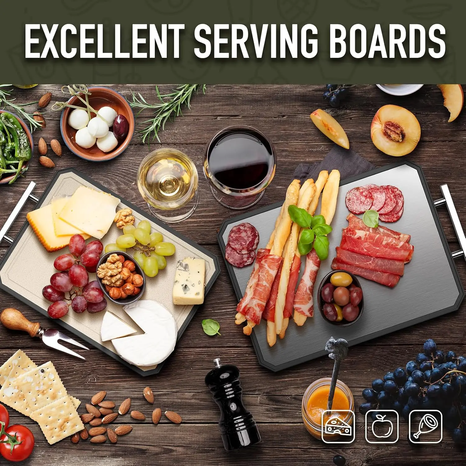 Set tagliere bifacciale in acciaio inossidabile con scanalatura per succo, lavabile in lavastoviglie per cucina