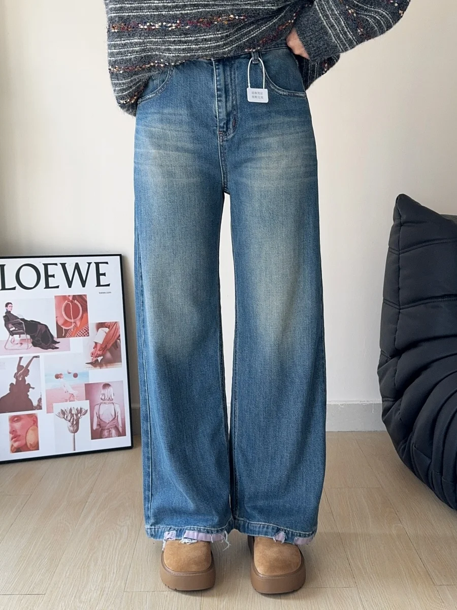 

Spring 2026 High Waist Elastic Wide Leg Narrow Version Women's Jeans Straight Cut Denim Pants Cotton Stretch Fabric Zipper Cl...