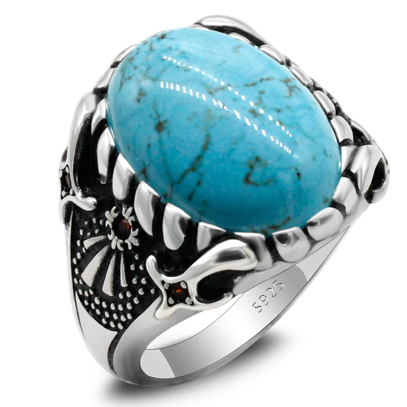 

925 Sterling Silver Natural Turquoise Men's Silver Ring with Gemstones Punk Fashion Men Women Engagement Wedding Ring Jewelry