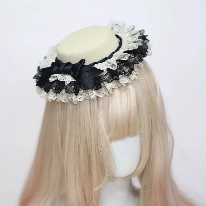 Japanese Lolita Original Handmade Bow Hair Accessories Doll Sense CLA Multi-layer Lace Pleated Lace Flat Hat Top Hat for Women