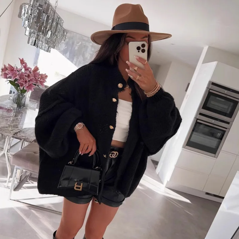 

2025 Popular Autumn and Winter Large Size Solid Color Knitted Cardigan Round Neck Casual Loose Thickened Sweater