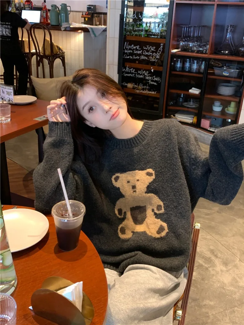 الرجعية الكرتون الدب المرأة المتضخم تريكو طويل Sve جولة Ne البلوز سترة الخريف الشتاء ملابس داخلية قاعدة طبقة Loo...