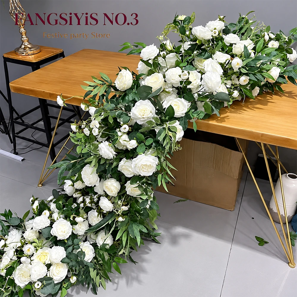 Luxury Artificial White Rose Greenery Table Runner Silk Flower Arrangement Wedding Table Centerpiece for Party Event Decor