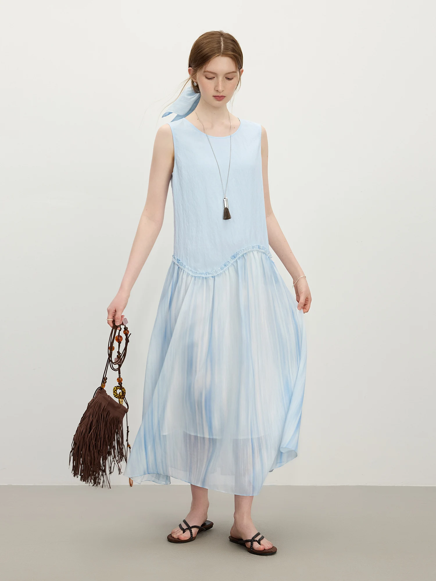 FSLE temporada navideña chaleco azul vestido largo sin mangas para mujer 2025, novedad de verano, vestido de vacaciones con costuras 25FS12789