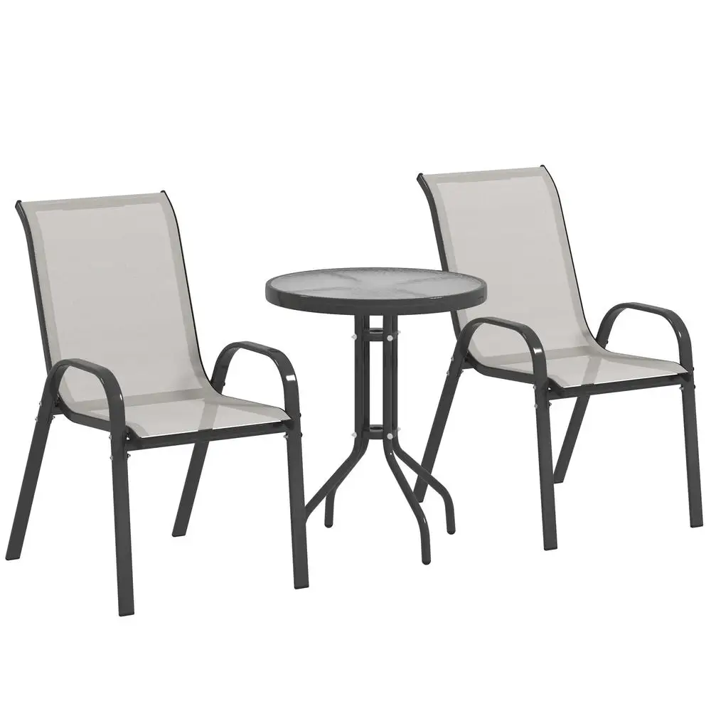 Ensemble de meubles de jardin 3 pièces, 2 fauteuils empilables, table basse avec plateau en verre trempé gris clair