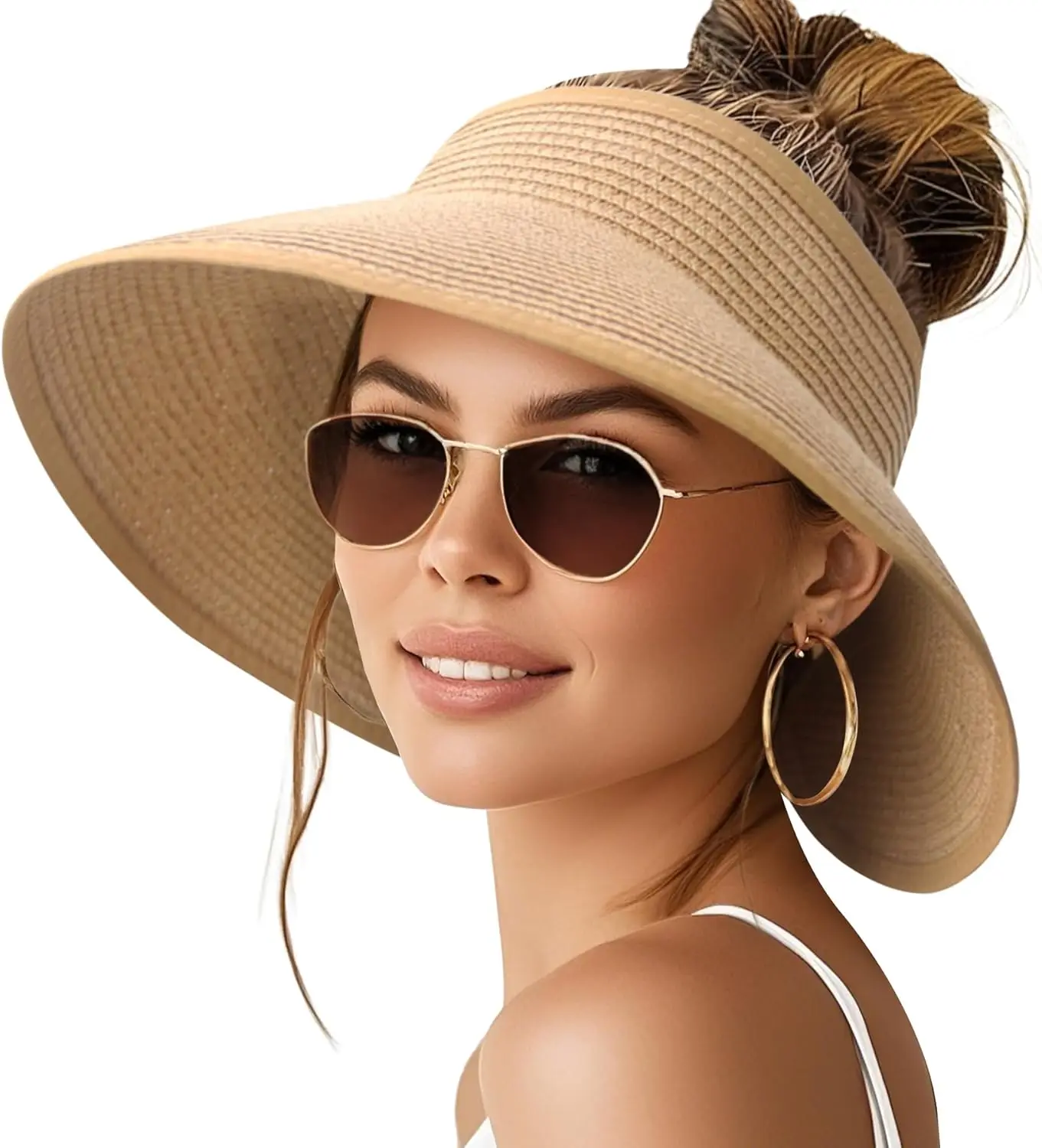 

Wide Brim Ponytail Straw Beach Hat for Women, Packable Foldable UPF 50+ Floppy Travel Sun Visor Hats