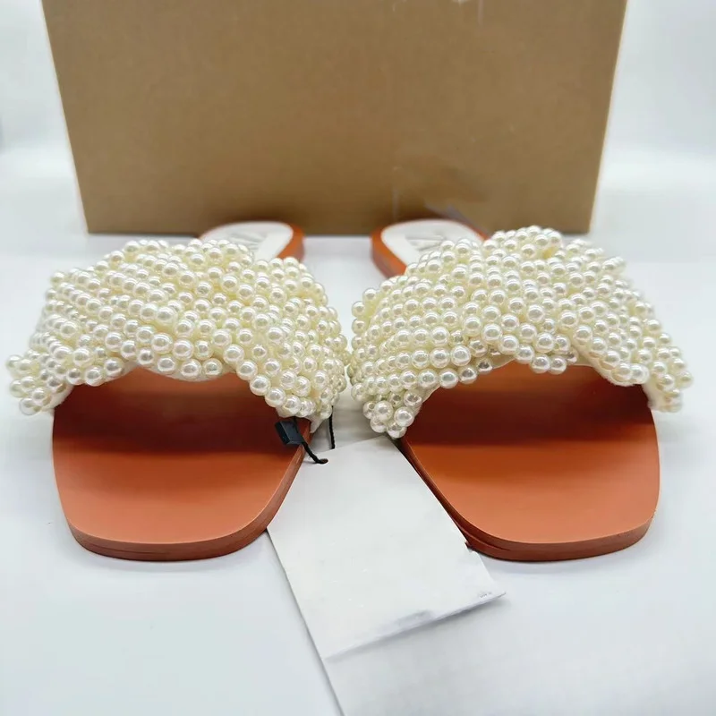 2024 Summer New Women's Slippers Large Size Pearl Inlaid Flat Shoes Low Heel Open Toe Wear Women Sandals Casual Beach Shoes
