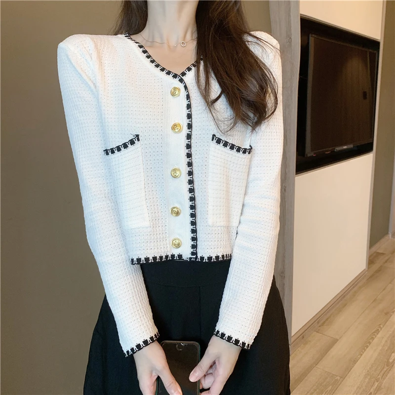 sweet white women cardigan korean knitted loose female casual sweaters spring autumn new pocket chic ladies crop tops