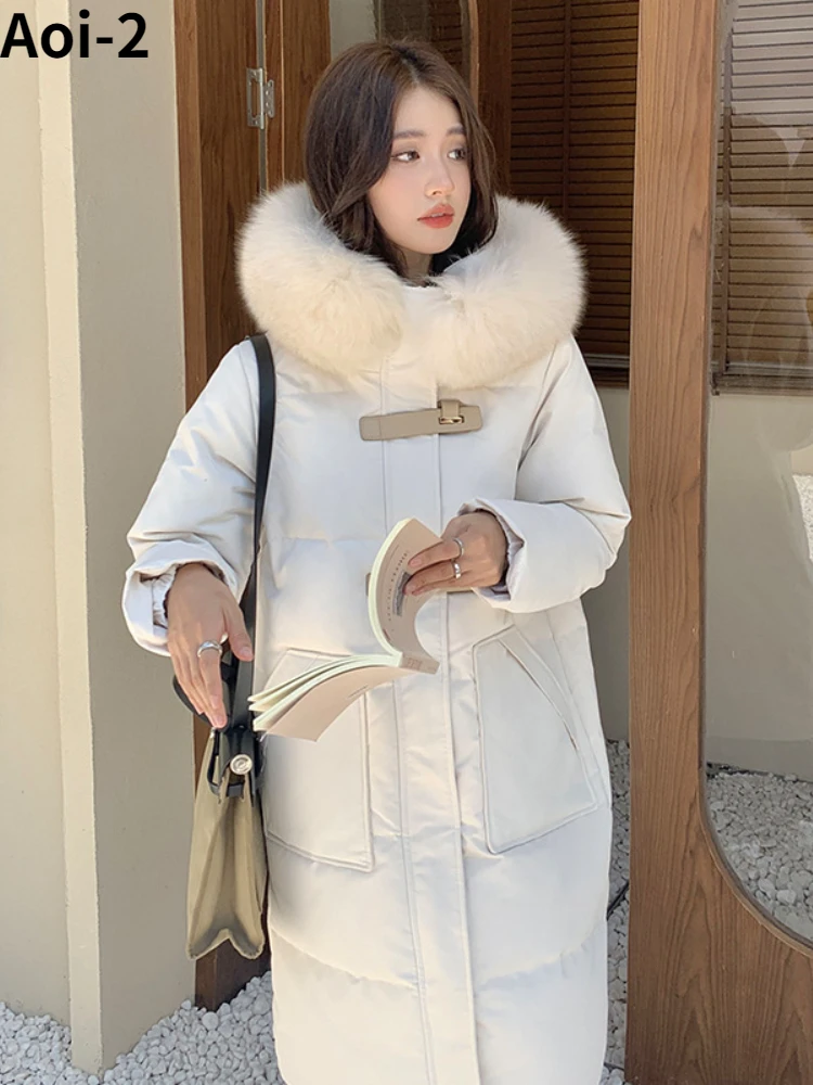 Estilo coreano engrossado para baixo jaqueta feminina 2023 inverno nova alta qualidade gola de pele de raposa quente solto moda pato branco puffer casaco