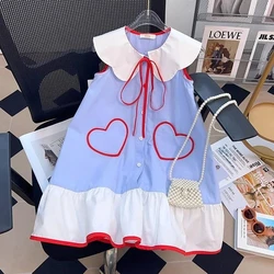 Summer Girls Baby Lotus Collar Sleeveless Dress Children's Fashionable Love Lace up Tank Top Dress 2-12Y