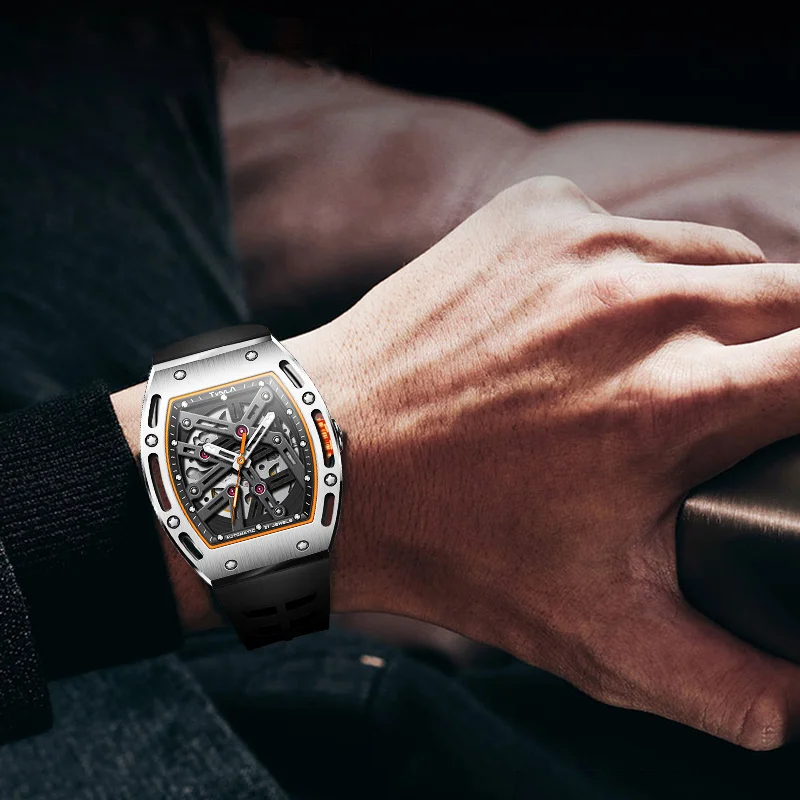 TVSILA Original Miyota Men's Automatic Mechanical Watch Stainless Steel Case Silicone Band Skeleton Waterproof Sport Wristwatch
