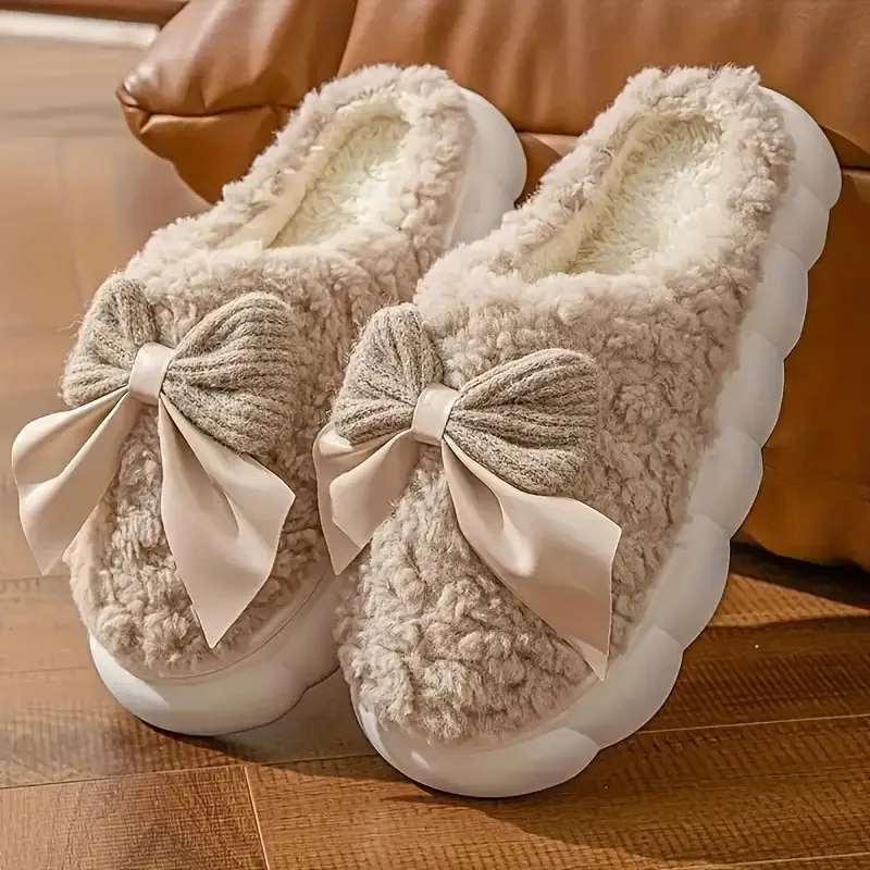 Women'S Bow Designed Fleece-Lined Slippers Soft Sole, Quiet Wear, All-Season Comfort, Ideal for Home Use, Perfect Christmas Gift image 3