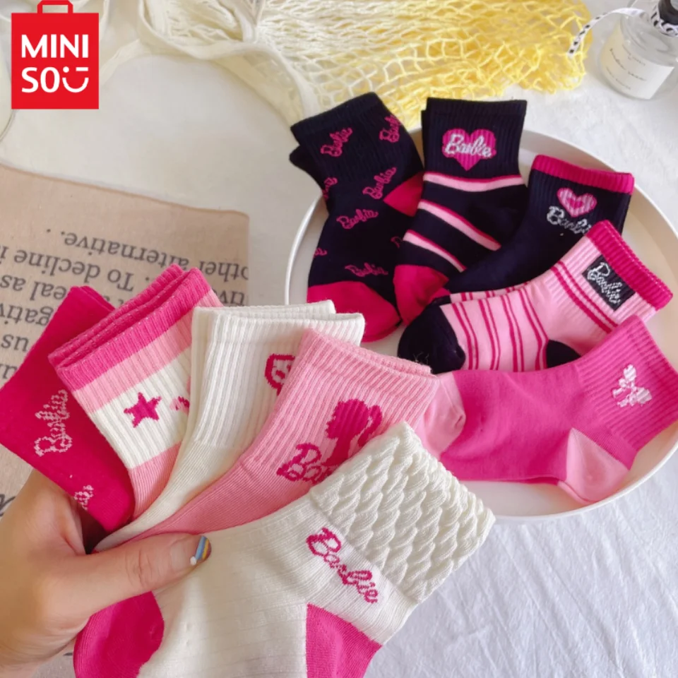 

10 Pairs Of Barbie Y2k Socks For Girls Kawaii Dopamine Autumn And Winter Series Pink Love Letters Striped High-Value Socks