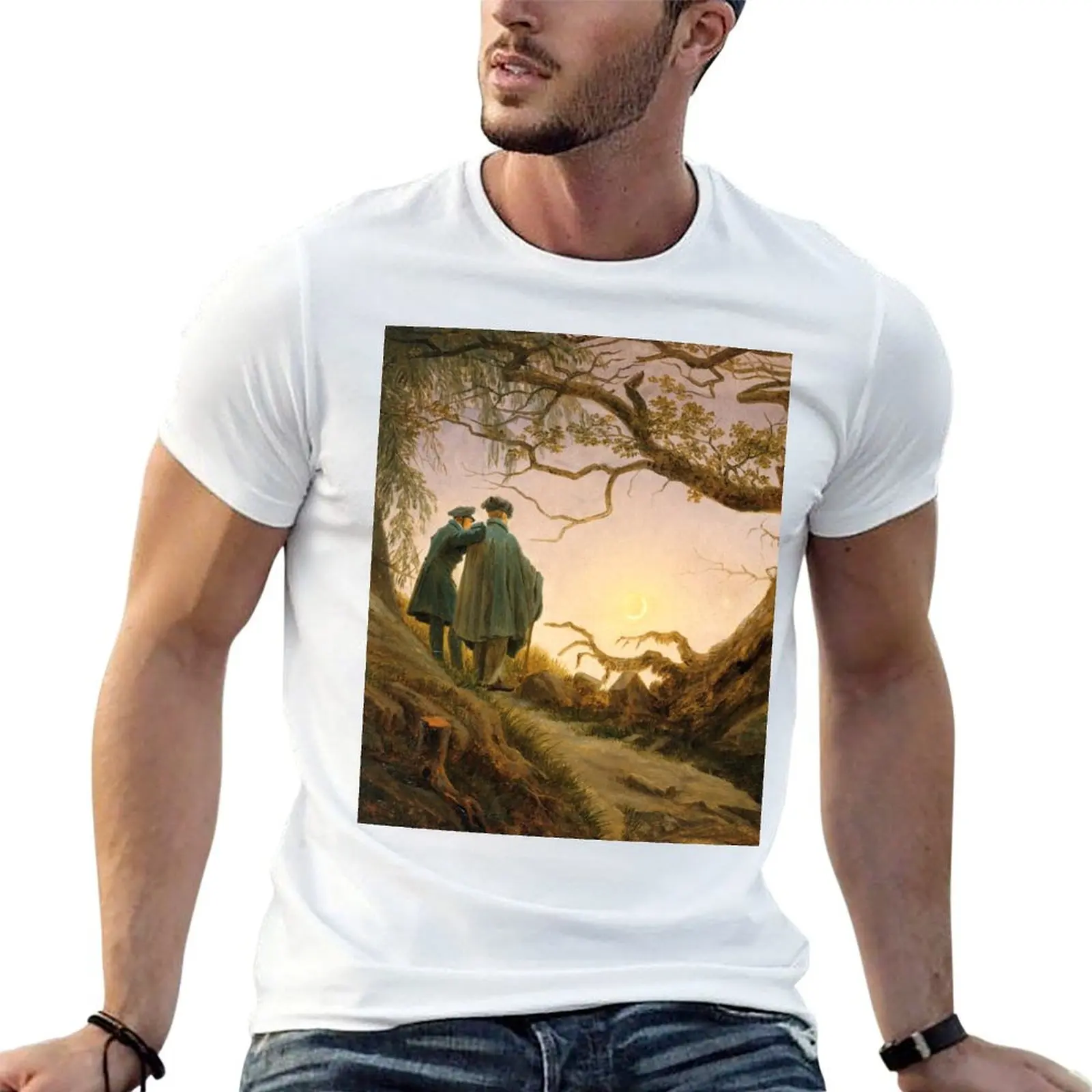 Deux hommes contemplant la lune, par Caspar David Friedrich, t-shirt anime, t-shirts surdimensionnés pour homme, t-shirt drôle en coton