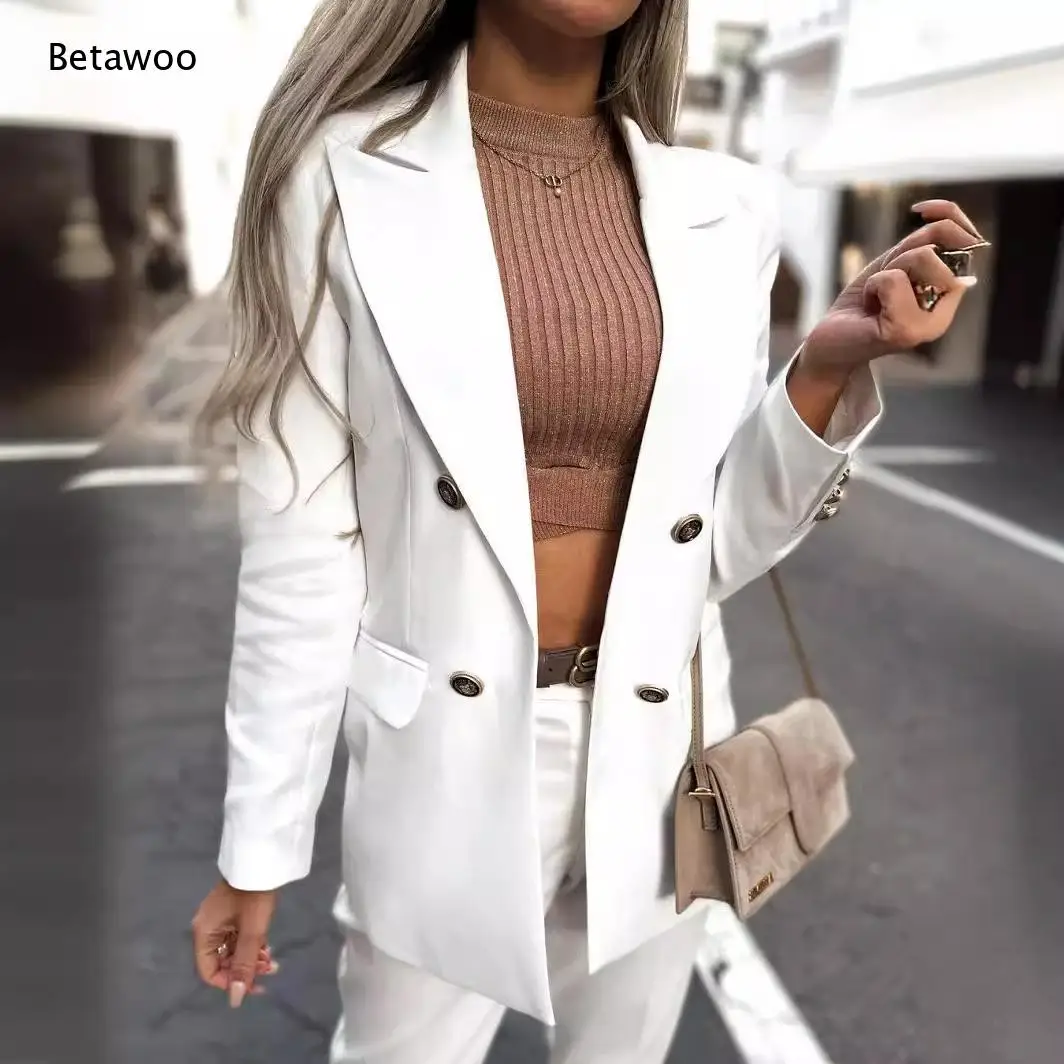 Notched Lapel Double Breasted Mid Length Blazer Long Sleeve Elegant Office Outerwear for Women