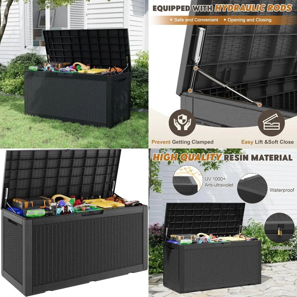 

Всепогодный ящик для хранения из полимерного композита, вместимость 380 литров, с замком, для использования в помещении и на улице (черный)