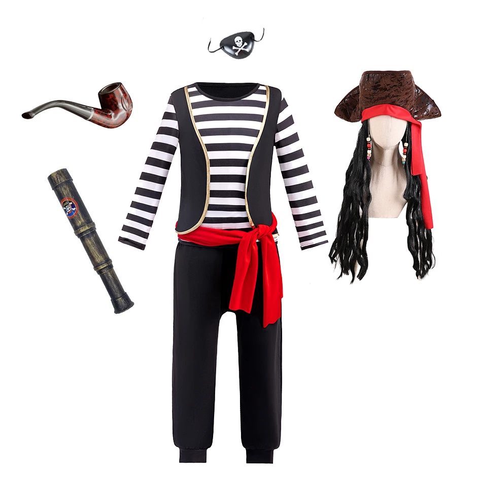

Halloween Cosplay Two-Piece Set Boy Black and White Stripe Long Sleeve Fake Two-Piece T-Shirt Movie Pirate Captain Same Boy Set