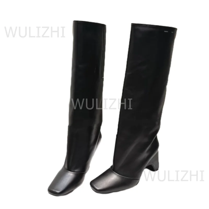 Colorful Checkered Patchwork Leather Knee-High Boots Women Cute Stylish Black Cool Square Toe Upright Booties Strange Heel Shoes