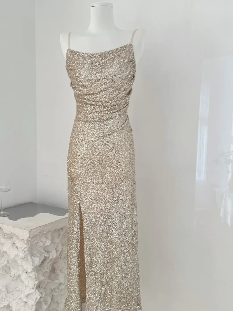 

Ele Silver Sequin Strapl Evening Dr Женское высококачественное чувственное длинное платье с разрезом для пар и банкета