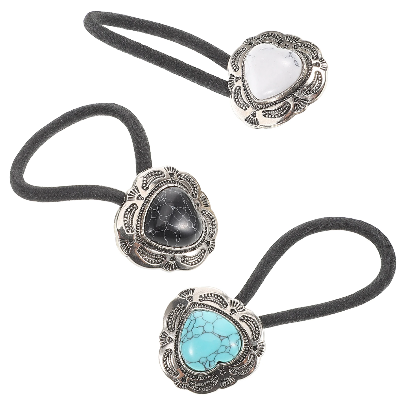 

3pcs Retro Hair Rope Set Metal Turquoise Ponytail Holders Adjustable Cuffs Hair Accessories Boho Style Elastic Ties