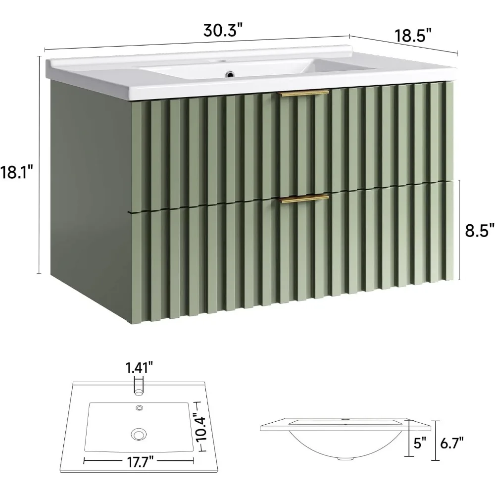 30 Inch Floating Bathroom Vanity with Integrated Ceramic Sink
