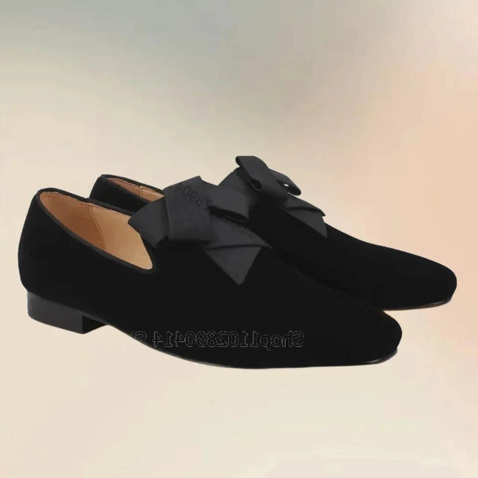 

Black Necktie Decor Square Toe Flock Men Loafers Fashion Slip On Men Shoes Luxury Handmade Party Feast Banquet Men Casual Shoes