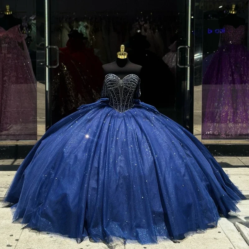 

2024 Navy Blue Princess Quinceanera Dresses Beading Crystal With Big Bow Tull Lace Up Corset Sweet 16 Dress Vestidos De 15 Anos