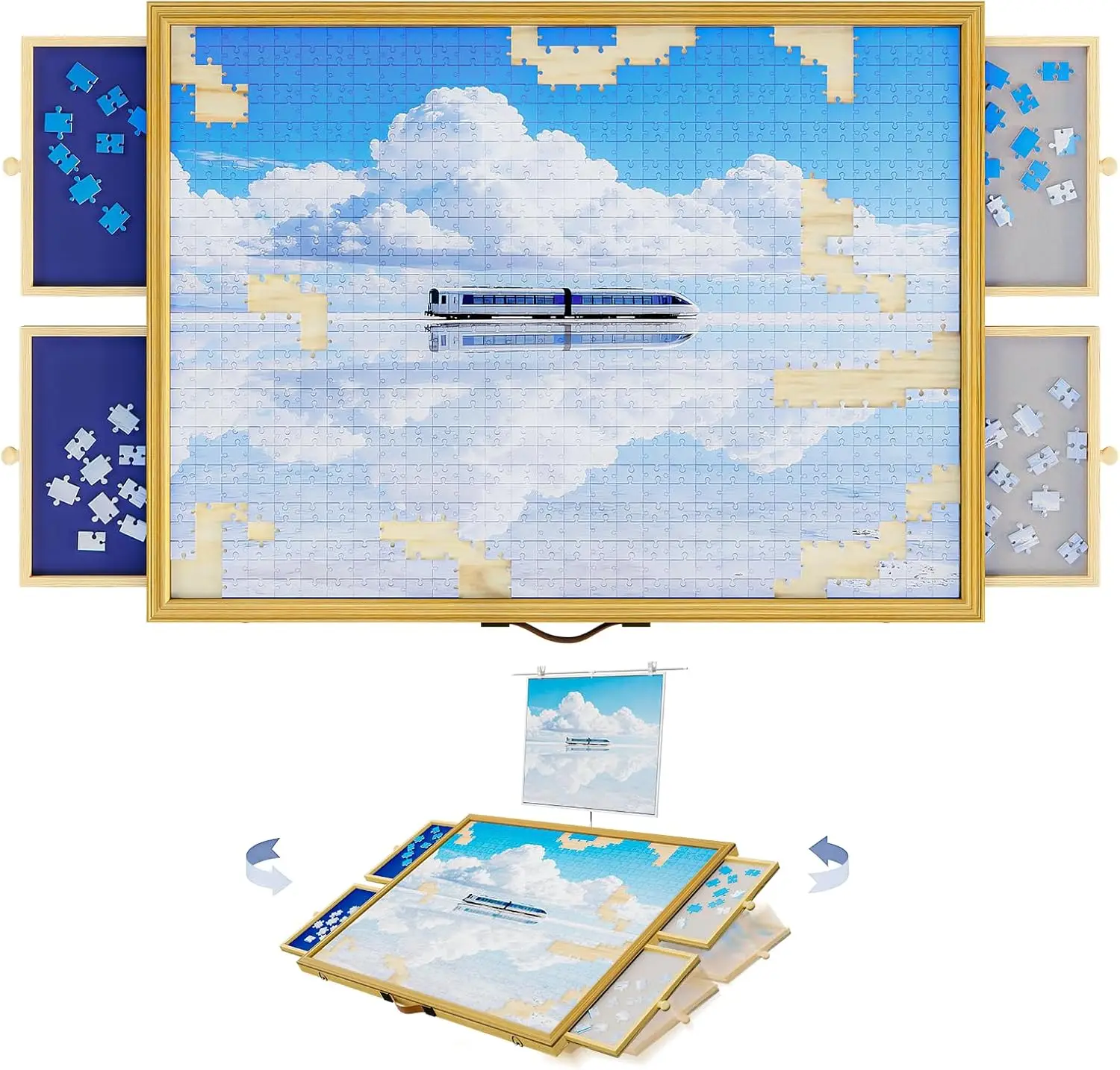 1500 Piece Adjustable Jigsaw Puzzle Table with 4 Drawers 33.3"x24.2" | Pine Puzzle Board with Dust Cover, Felt Drawers to Preven