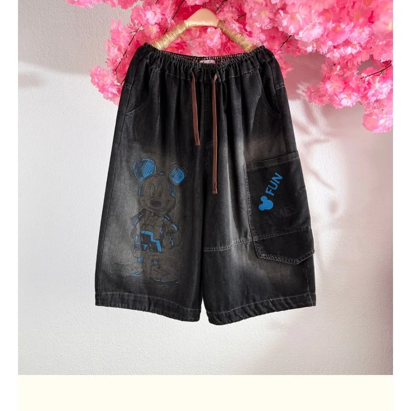 

Women's 3/4 Mid-Calf Denim Capris, Retro Mickey Print Painted Cropped Jeans, Loose Fit Big Pockets Casual Summer Trousers