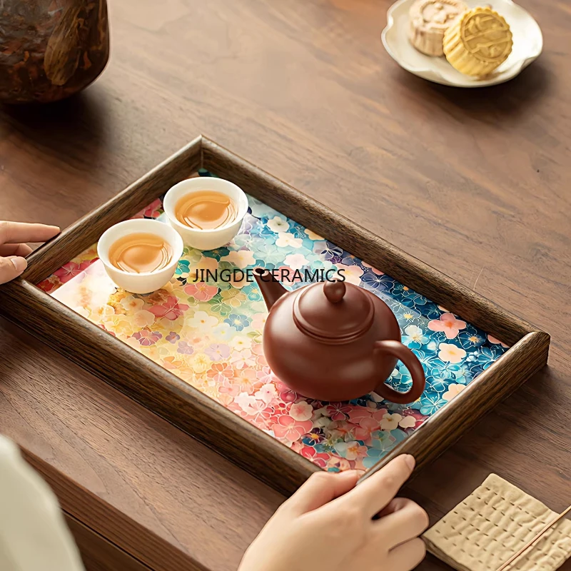 

Деревянный поднос для чая с цветочным узором, прямоугольный поднос для фруктов, настольный органайзер, декор для прихожей, товары для дома
