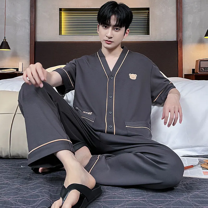 Breathable Men's Knit Cotton Pajamas V-Neck Kimono Style Short Sleeve Long Pants Summer Nightwear Male Homewear Homme Pyjamas