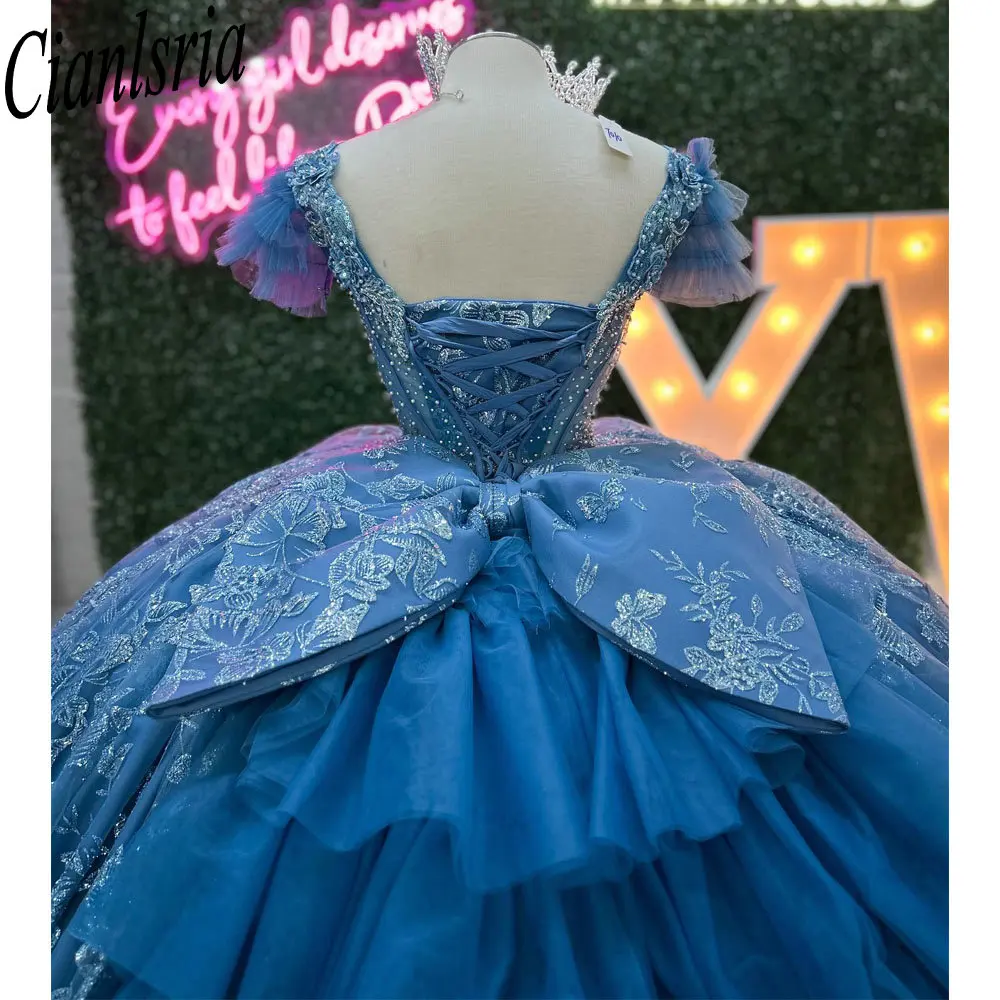 Perle blu Perline Fiocco Abiti stile Quinceanera Abito da ballo Glitter Cristallo Paillettes Corsetto personalizzato Abiti XV Anos