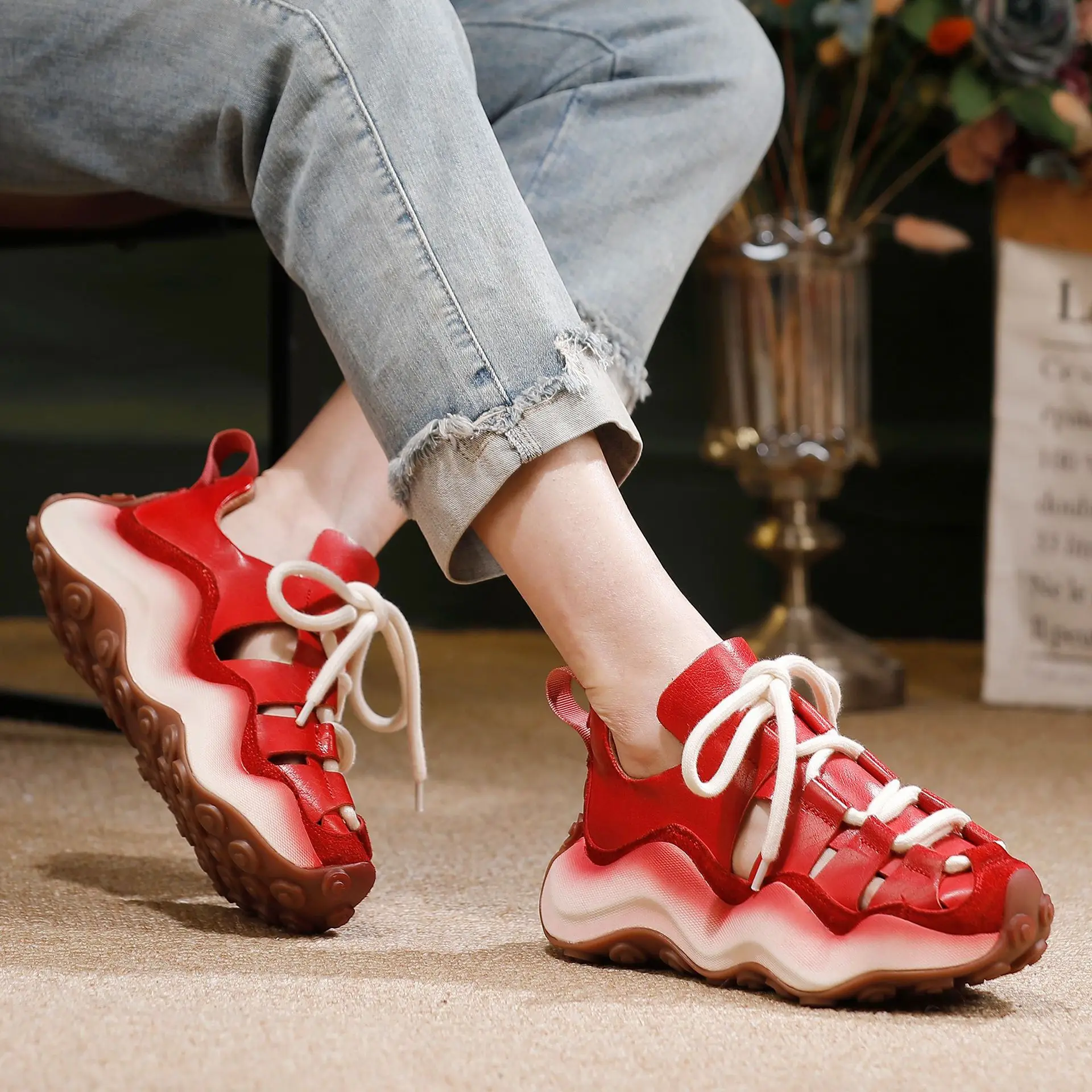 Cow Leather Woven Closed Toe Platform Sandals Lace Up Chunky Wavy Sole Sport Rome  Vintage Hollow Out Height Increasing Sandals