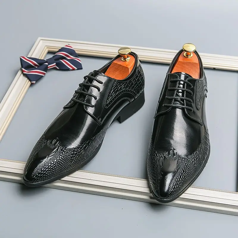 2023 New Men's Crocodile Dress Leather Shoes Lace-Up Wedding Party Shoes Mens Business Office Oxfords Flats Men Fashion A157